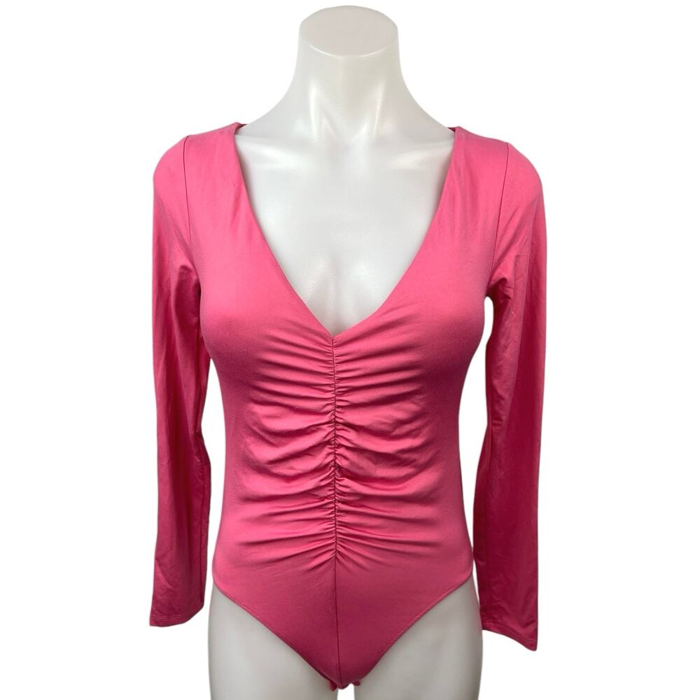 Zara Pink Ruched Cinched V-neck Long Sleeve Stretch Bodysuit Thong Top Size M